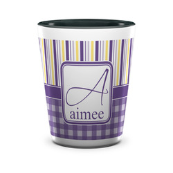 Purple Gingham & Stripe Ceramic Shot Glass - 1.5 oz - Two Tone - Set of 4 (Personalized)