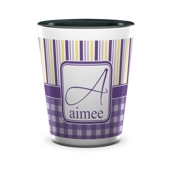 Custom Purple Gingham & Stripe Ceramic Shot Glass - 1.5 oz - Two Tone - Set of 4 (Personalized)
