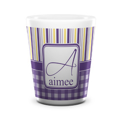 Purple Gingham & Stripe Ceramic Shot Glass - 1.5 oz - White - Set of 4 (Personalized)