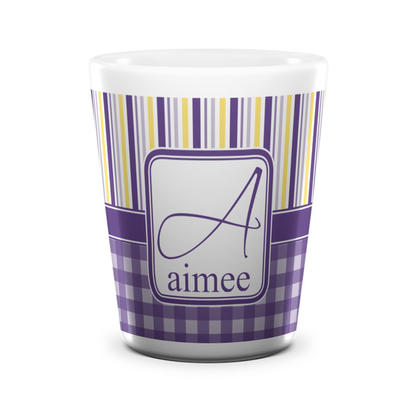 Custom Purple Gingham & Stripe Ceramic Shot Glass - 1.5 oz - White - Set of 4 (Personalized)