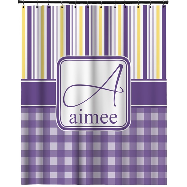 Custom Purple Gingham & Stripe Extra Long Shower Curtain - 70"x84" (Personalized)