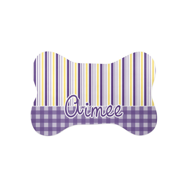 Custom Purple Gingham & Stripe Bone Shaped Dog Food Mat (Small) (Personalized)