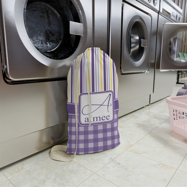 Purple Gingham & Stripe Small Landry Bag - In Context