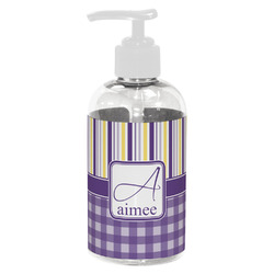 Purple Gingham & Stripe Plastic Soap / Lotion Dispenser (8 oz - Small - White) (Personalized)