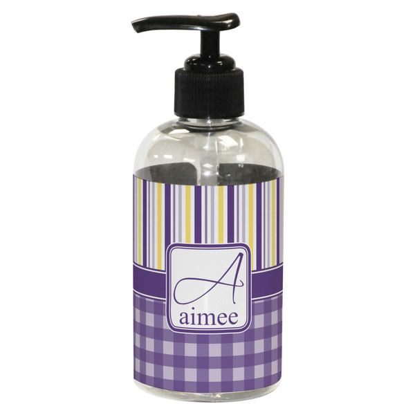 Custom Purple Gingham & Stripe Plastic Soap / Lotion Dispenser (8 oz - Small - Black) (Personalized)