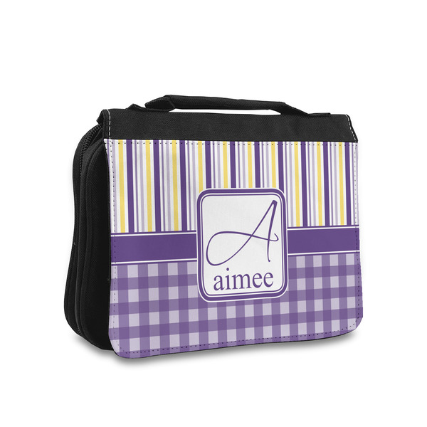 Custom Purple Gingham & Stripe Toiletry Bag - Small (Personalized)