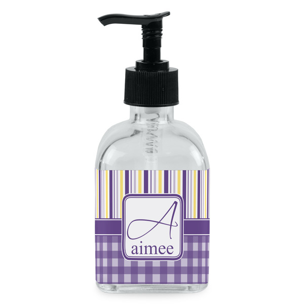 Custom Purple Gingham & Stripe Glass Soap & Lotion Bottle - Single Bottle (Personalized)
