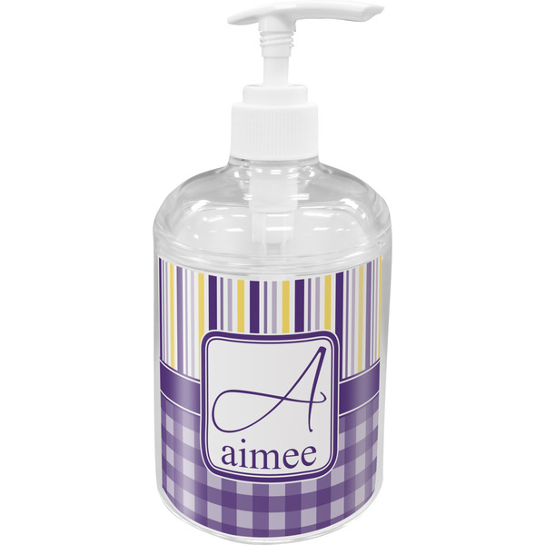 Custom Purple Gingham & Stripe Acrylic Soap & Lotion Bottle (Personalized)