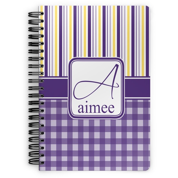 Custom Purple Gingham & Stripe Spiral Notebook - 7x10 w/ Name and Initial