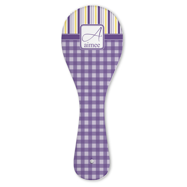 Custom Purple Gingham & Stripe Ceramic Spoon Rest (Personalized)