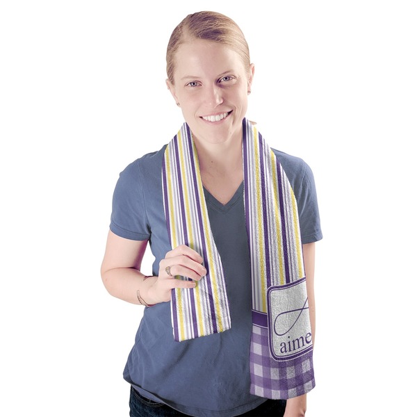 Purple Gingham & Stripe Sport Towel - Exercise use - Model