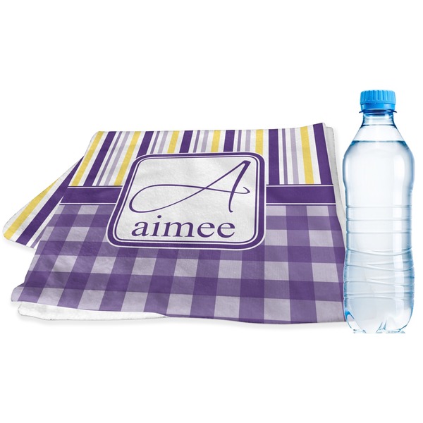 Custom Purple Gingham & Stripe Sports & Fitness Towel (Personalized)
