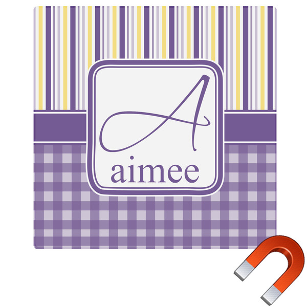 Custom Purple Gingham & Stripe Square Car Magnet - 6" (Personalized)