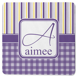 Purple Gingham & Stripe Square Rubber Backed Coaster (Personalized)
