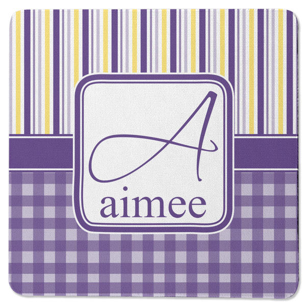 Custom Purple Gingham & Stripe Square Rubber Backed Coaster (Personalized)
