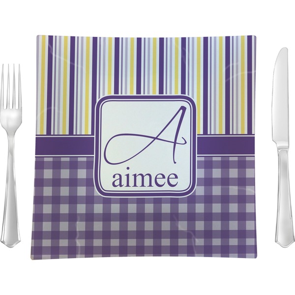 Custom Purple Gingham & Stripe 9.5" Glass Square Lunch / Dinner Plate- Single or Set of 4 (Personalized)