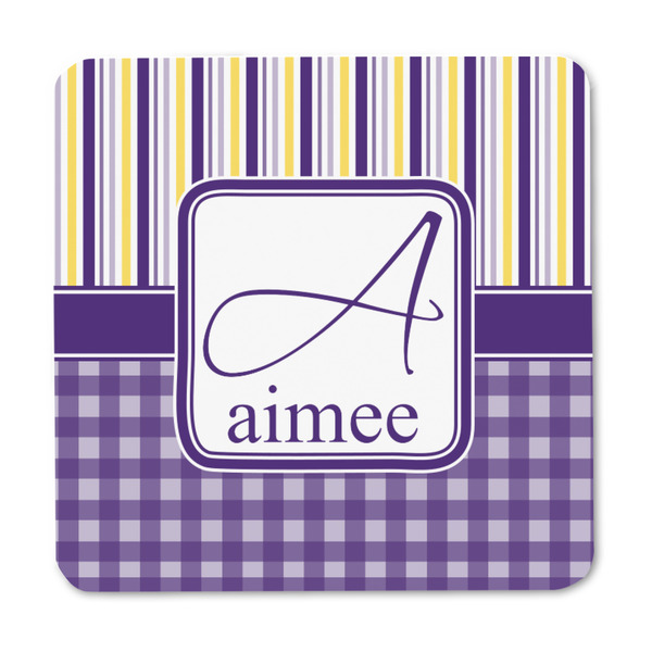 Purple Gingham & Stripe Square Fridge Magnet - FRONT