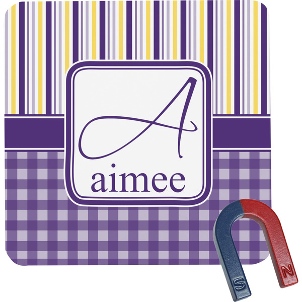 Custom Purple Gingham & Stripe Square Fridge Magnet (Personalized)