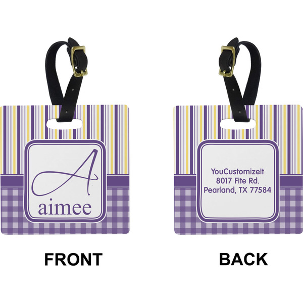 Purple Gingham & Stripe Square Luggage Tag (Front + Back)