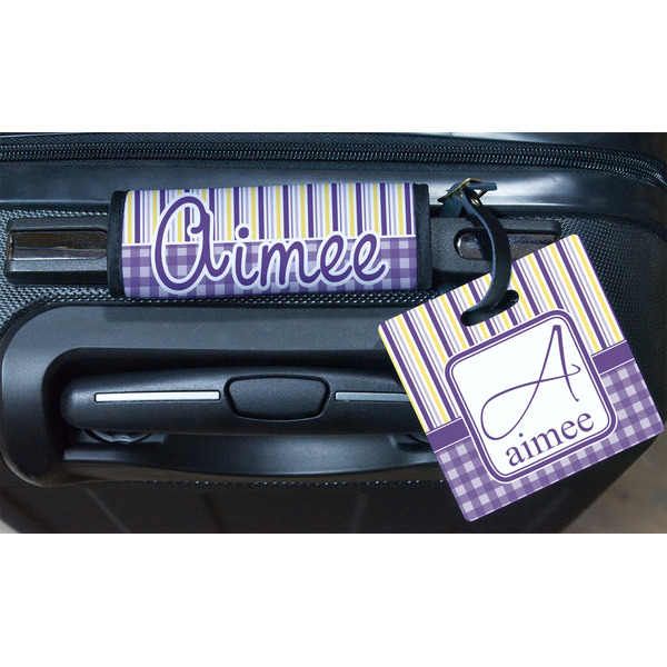 Purple Gingham & Stripe Square Luggage Tag & Handle Wrap - In Context