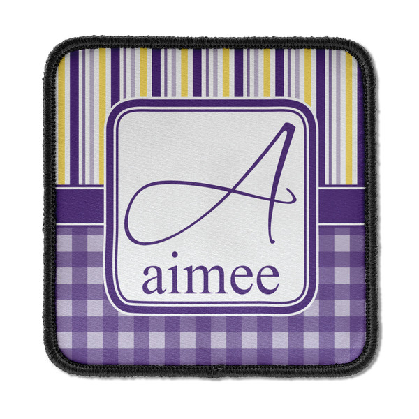 Custom Purple Gingham & Stripe Iron On Square Patch w/ Name and Initial