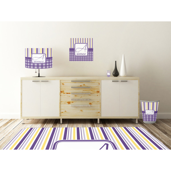 Purple Gingham & Stripe Square Wall Decal Wooden Desk