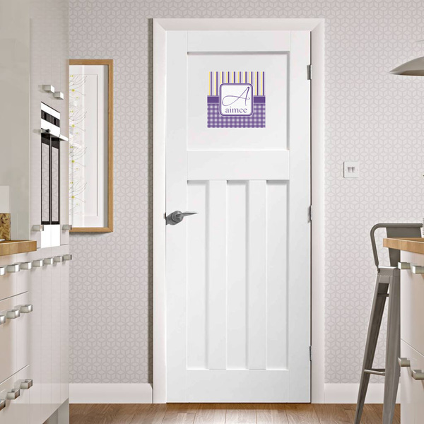 Purple Gingham & Stripe Square Wall Decal on Door