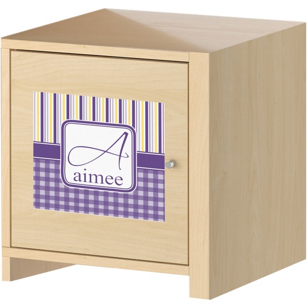 Purple Gingham & Stripe Square Wall Decal on Wooden Cabinet
