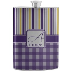 Purple Gingham & Stripe Stainless Steel Flask (Personalized)