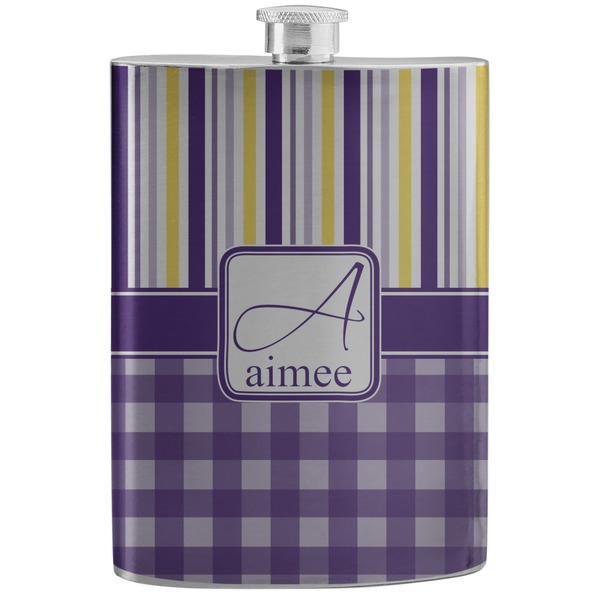 Custom Purple Gingham & Stripe Stainless Steel Flask (Personalized)