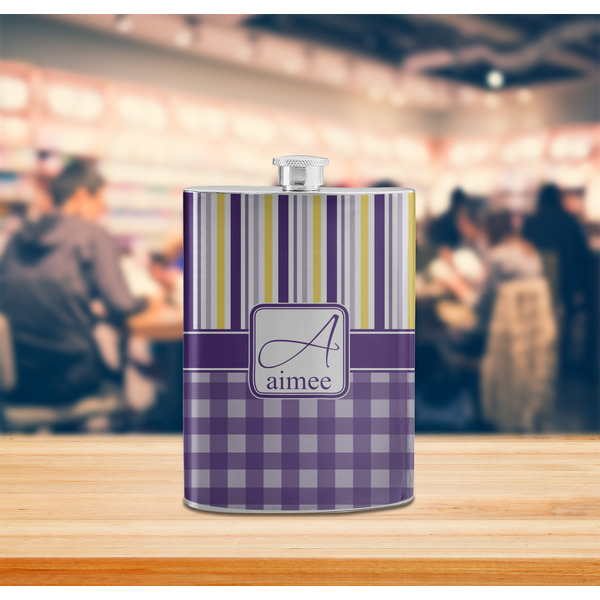 Purple Gingham & Stripe Stainless Steel Flask - LIFESTYLE 2