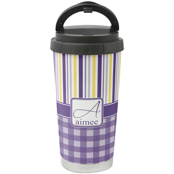 Custom Purple Gingham & Stripe Stainless Steel Coffee Tumbler (Personalized)