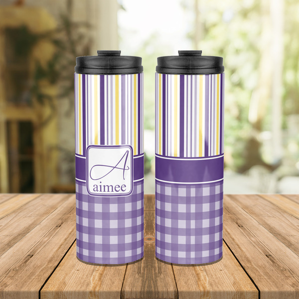 Purple Gingham & Stripe Stainless Steel Tumbler - Lifestyle