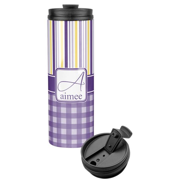 Custom Purple Gingham & Stripe Stainless Steel Skinny Tumbler (Personalized)