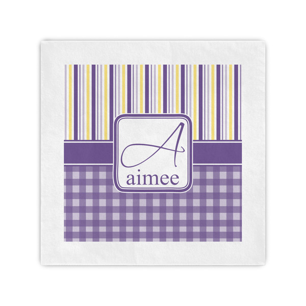 Custom Purple Gingham & Stripe Standard Cocktail Napkins (Personalized)