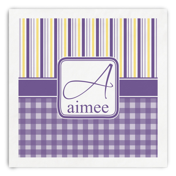 Custom Purple Gingham & Stripe Paper Dinner Napkins (Personalized)