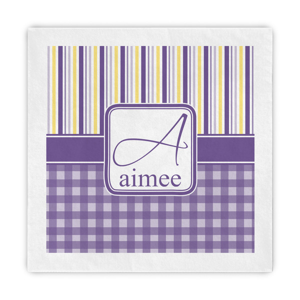 Custom Purple Gingham & Stripe Decorative Paper Napkins (Personalized)