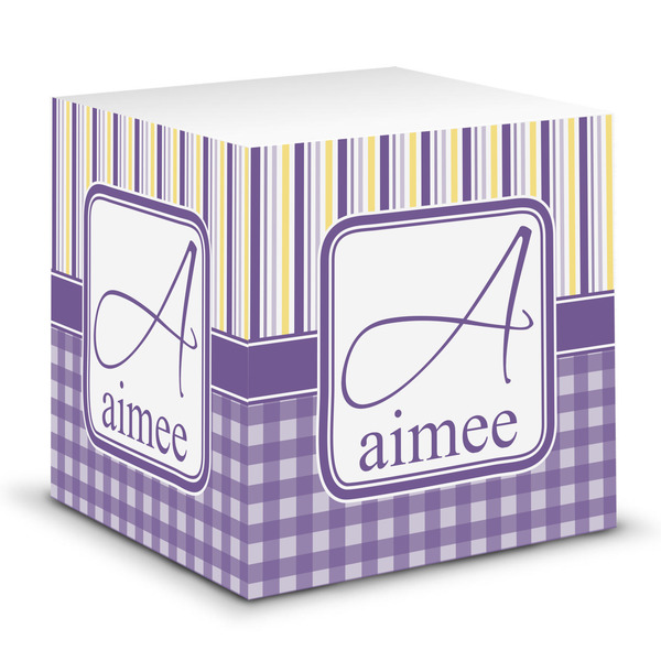 Custom Purple Gingham & Stripe Sticky Note Cube (Personalized)