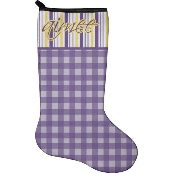 Custom Purple Gingham & Stripe Holiday Stocking - Neoprene (Personalized)