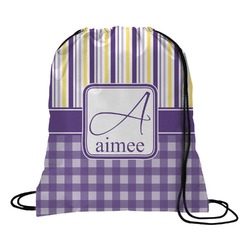 Purple Gingham & Stripe Drawstring Backpack (Personalized)