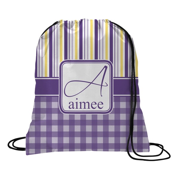 Custom Purple Gingham & Stripe Drawstring Backpack - Large (Personalized)