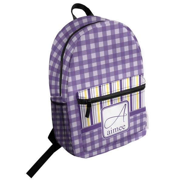 Custom Purple Gingham & Stripe Student Backpack (Personalized)