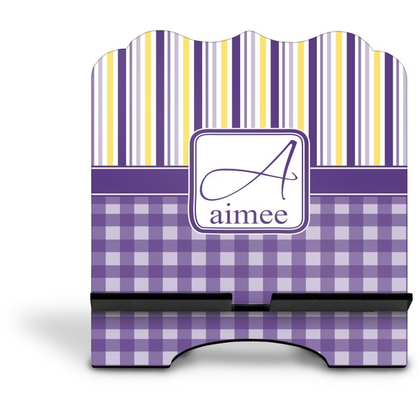 Purple Gingham & Stripe Stylized Tablet Stand - Front without iPad