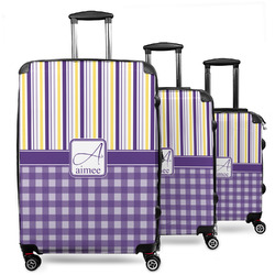 Purple Gingham & Stripe 3 Piece Luggage Set - 20" Carry On, 24" Medium Checked, 28" Large Checked (Personalized)