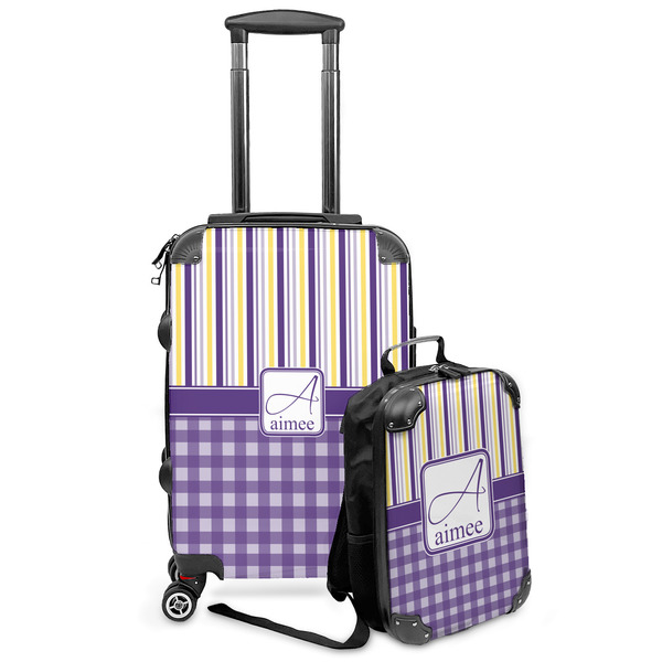 Custom Purple Gingham & Stripe Kids 2-Piece Luggage Set - Suitcase & Backpack (Personalized)
