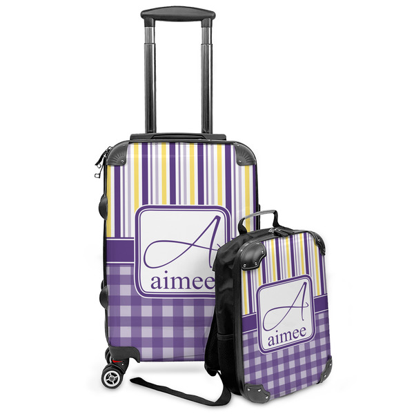 Custom Purple Gingham & Stripe Kids 2-Piece Luggage Set - Suitcase & Backpack (Personalized)