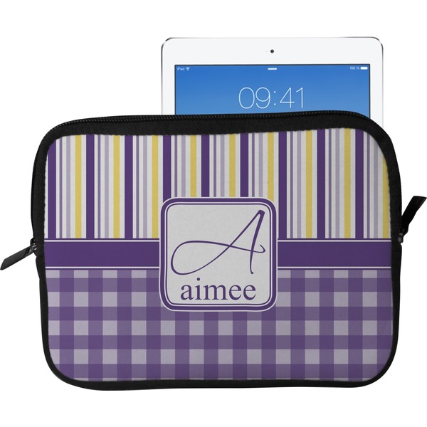 Custom Purple Gingham & Stripe Tablet Case / Sleeve - Large (Personalized)