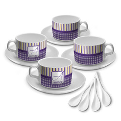 Purple Gingham & Stripe Tea Cup - Set of 4 (Personalized)