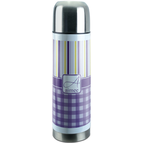 Custom Purple Gingham & Stripe Stainless Steel Thermos (Personalized)