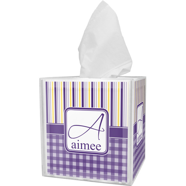 Custom Purple Gingham & Stripe Tissue Box Cover (Personalized)